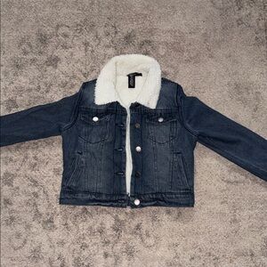 Jou Jou Kids Dark Blue Denim Jacket with White Sherpa Collar